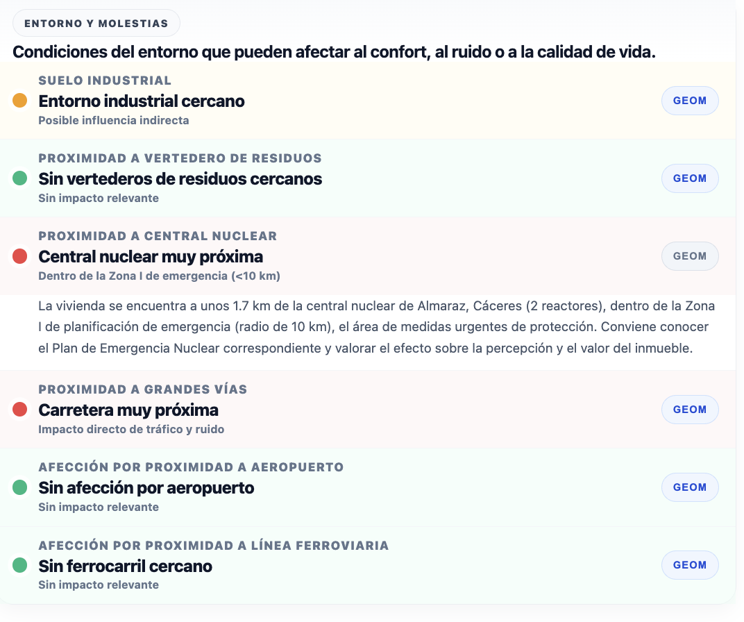 Entorno y molestias: central nuclear muy próxima marcada en rojo