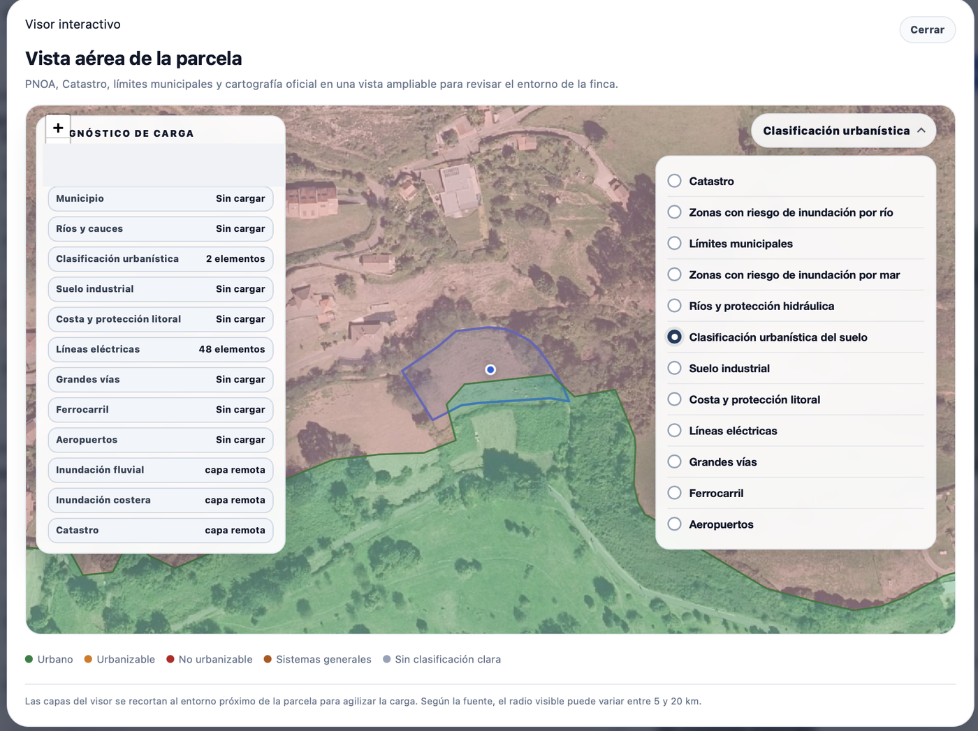 Visor interactivo mostrando la clasificación urbanística: la mayor parte de la parcela fuera del suelo urbano (verde)