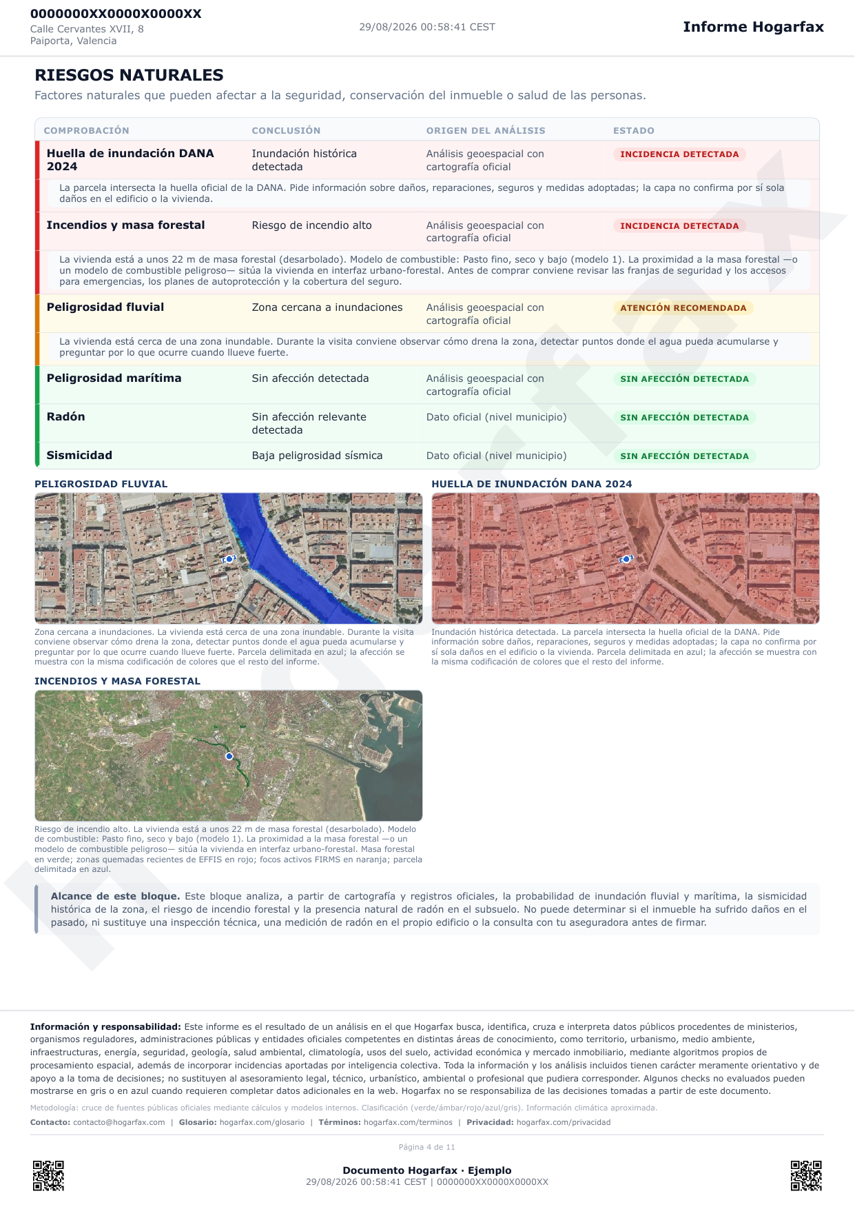 Página anonimizada de un informe Hogarfax con la huella de inundación de la DANA 2024 como comprobación propia