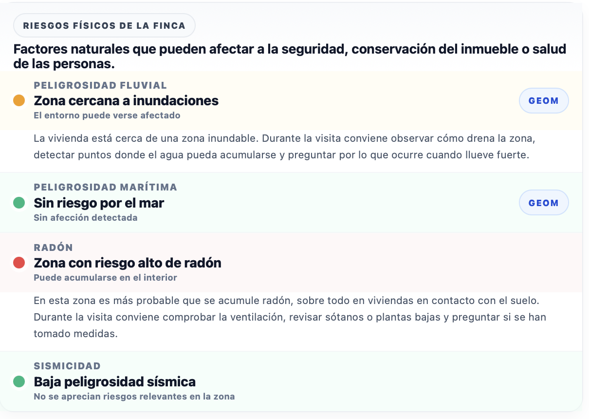 Riesgos físicos: zona cercana a inundaciones en ámbar y zona con riesgo alto de radón en rojo