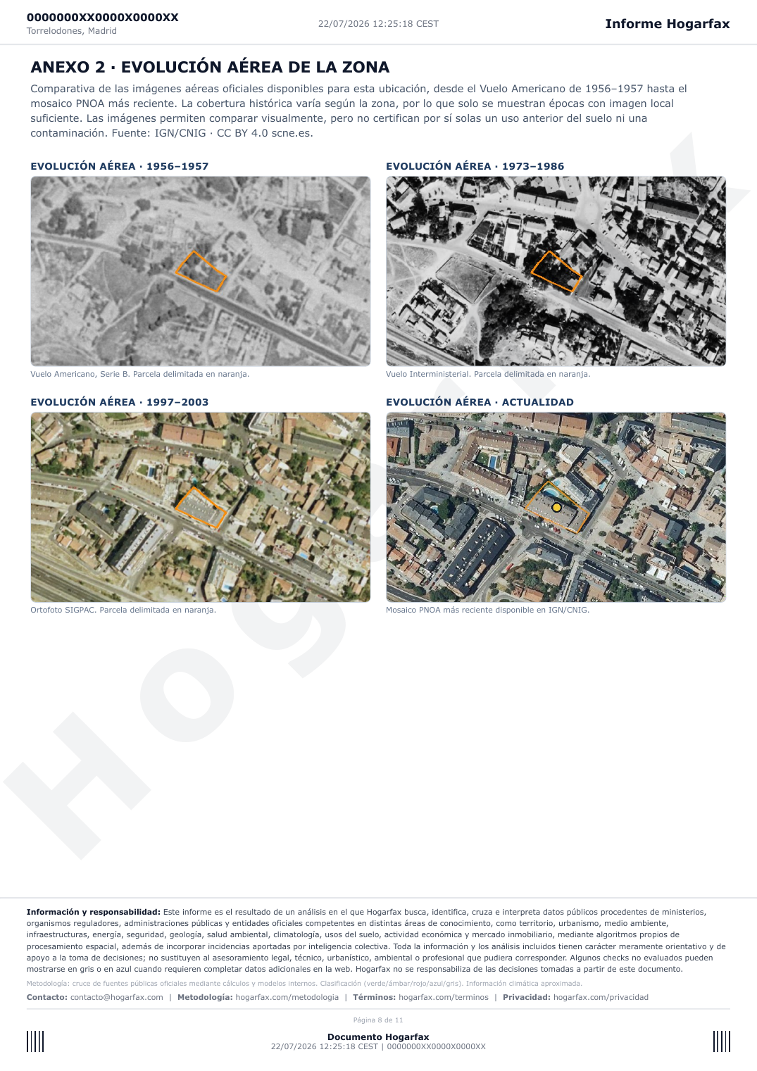 Anexo de evolución aérea histórica de un informe Hogarfax con imágenes de 1956, 1973, 1997 y actualidad