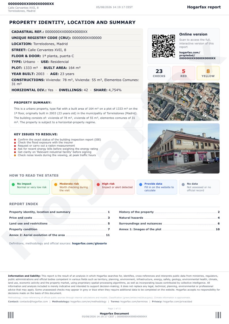 Page 1 of the property report PDF: cadastral record, check counter, main issues to resolve and summary