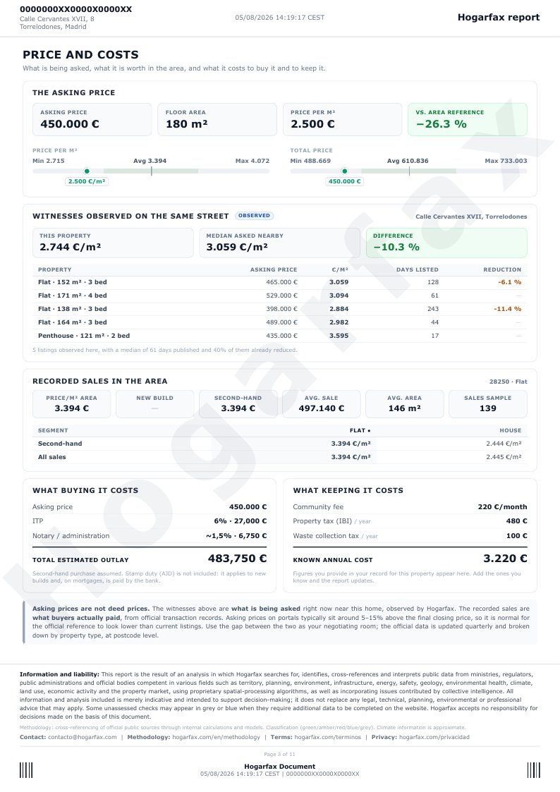 Page 3 of the report: price and costs, with witnesses on the same street, registered sales and the costs of buying and holding