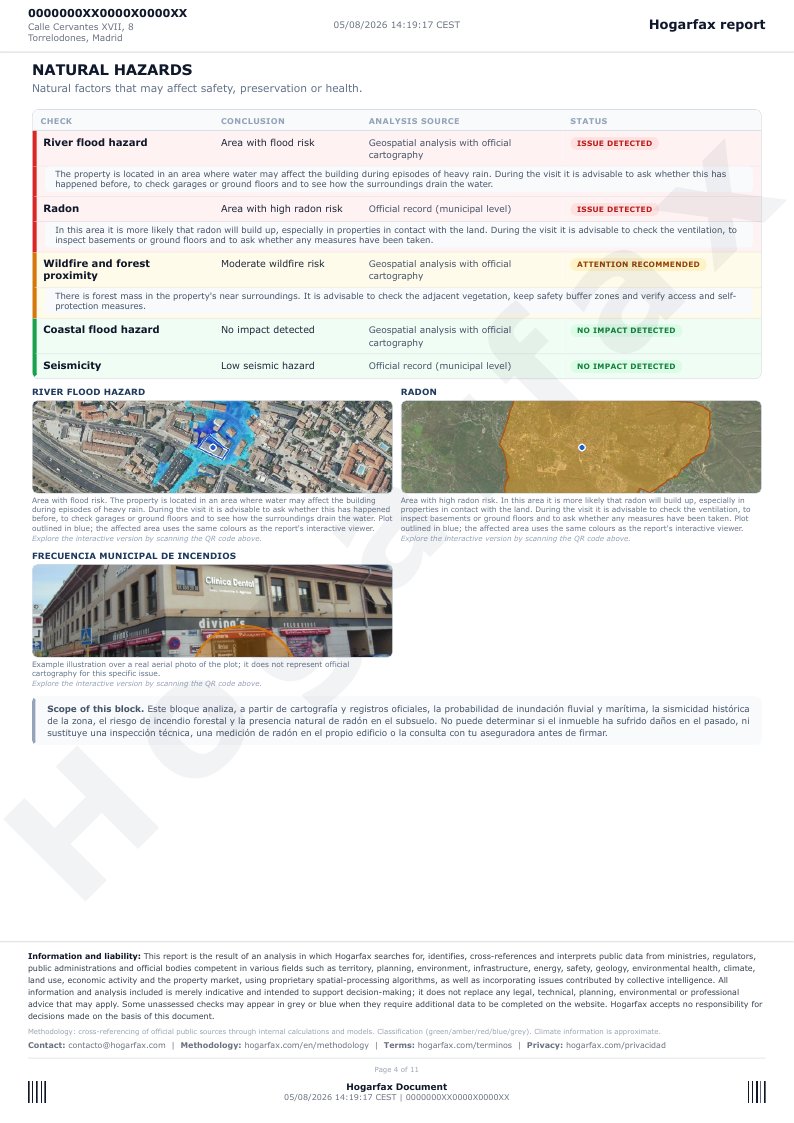 Page 4 of the report: natural hazards (flooding, radon, wildfires, seismic hazard) in a table with a colour traffic light