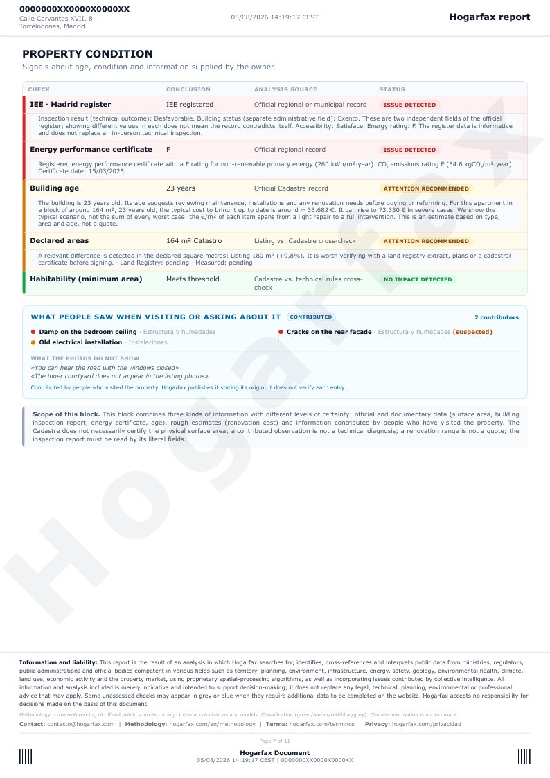 Page 7 of the report: property condition (technical inspection, energy certificate, age, declared areas) and what visitors observed