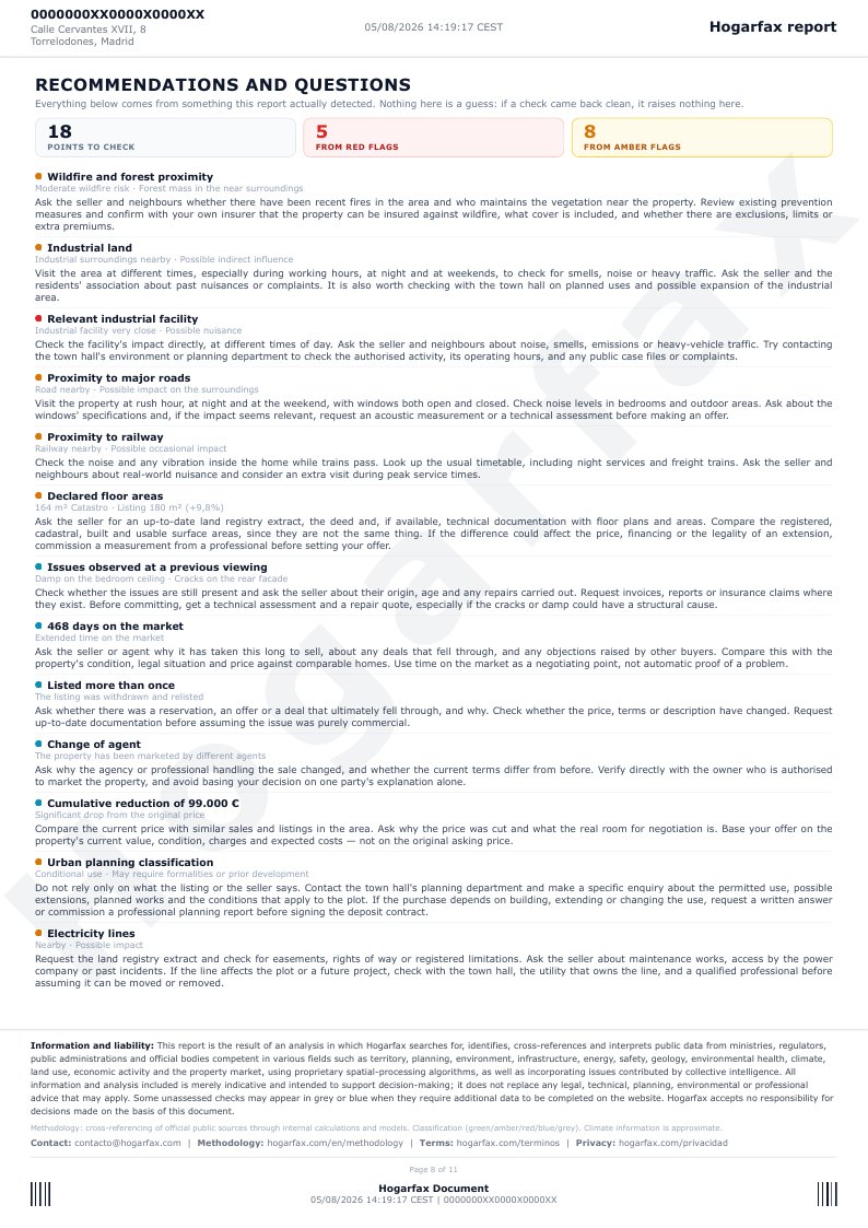 Page 8 of the report: recommendations and questions, a list of points to check combining seller, neighbours, authority and insurer