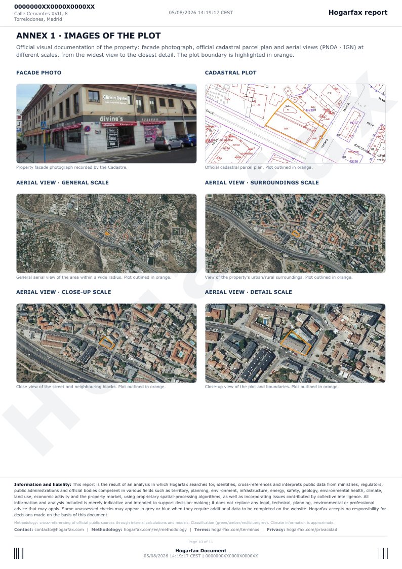 Page 10 of the report: annex with images of the plot (facade photo, cadastral map and aerial views at several scales)