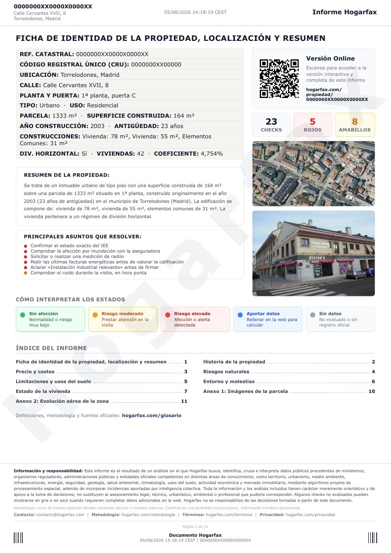 Página 1 del informe de vivienda en PDF: ficha catastral, contador de checks, principales asuntos que resolver y resumen