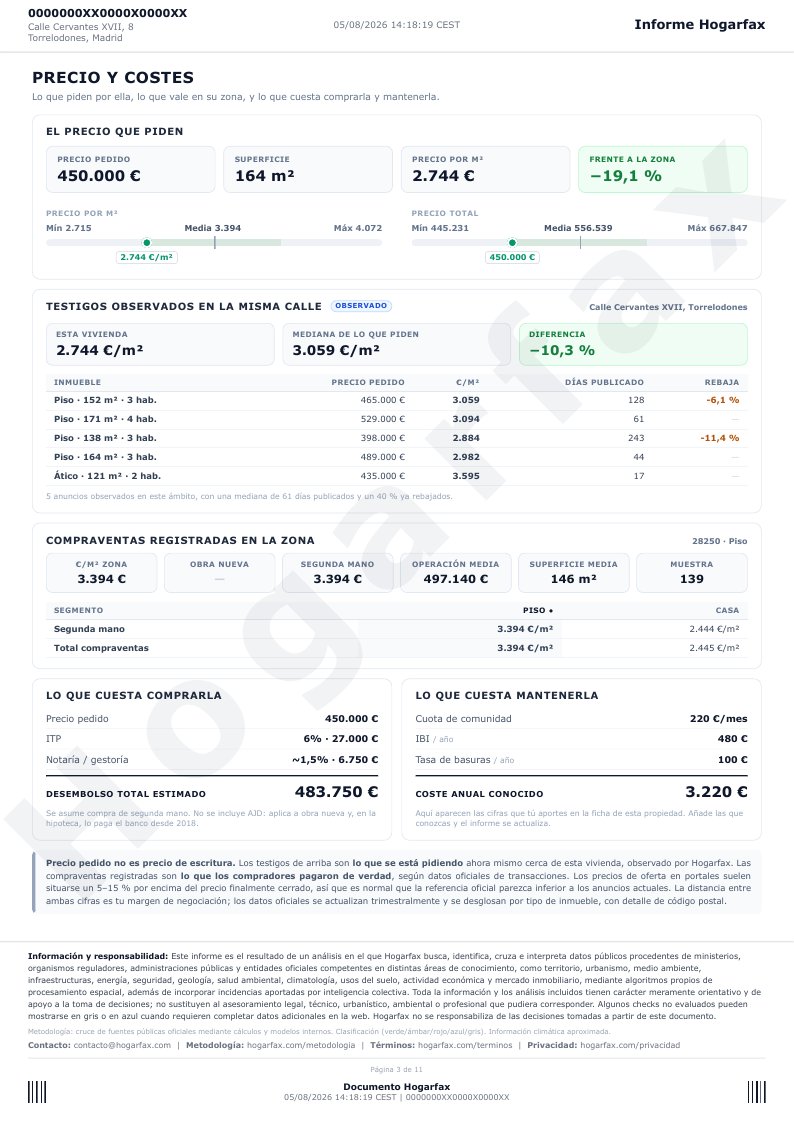 Página 3 del informe: precio y costes, con testigos en la misma calle, compraventas registradas y costes de comprar y mantener