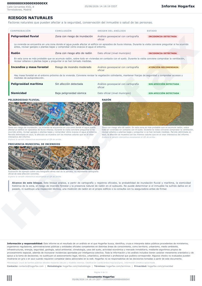 Página 4 del informe: riesgos naturales (inundación, radón, incendios, sismicidad) en tabla con semáforo de color