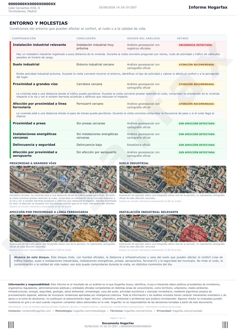 Página 6 del informe: entorno y molestias (suelo industrial, instalación industrial relevante, ferrocarril y grandes vías)