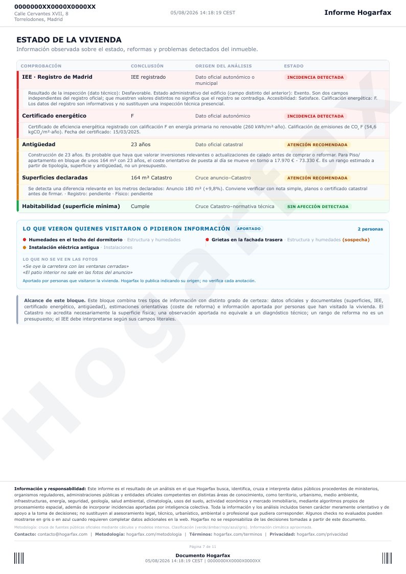 Página 7 del informe: estado de la vivienda (IEE, certificado energético, antigüedad, superficies declaradas) y lo que vieron los visitantes