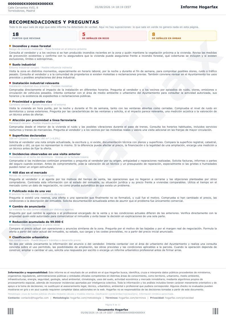 Página 8 del informe: recomendaciones y preguntas, lista de puntos a revisar combinando vendedor, vecinos, organismo y aseguradora