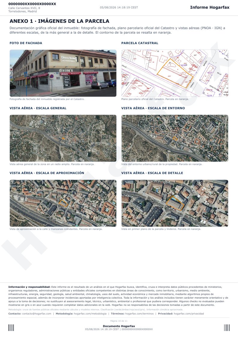 Página 10 del informe: anexo de imágenes de la parcela (foto de fachada, plano catastral y vistas aéreas a varias escalas)