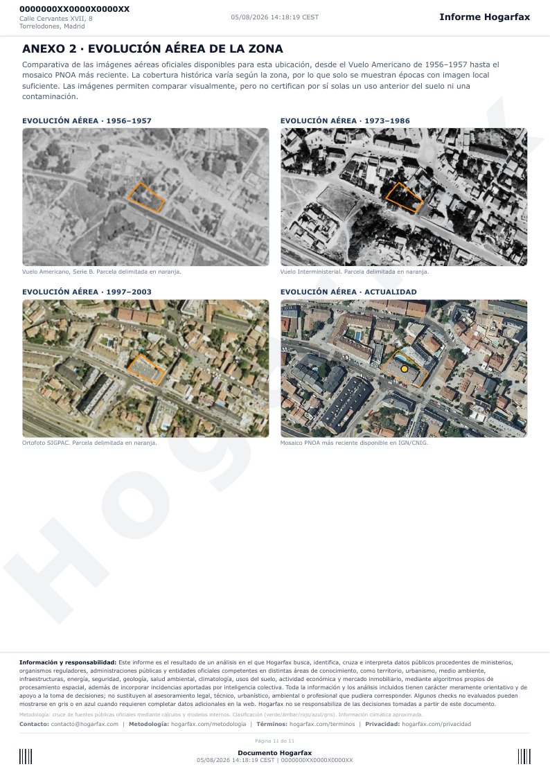 Página 11 del informe: anexo de evolución aérea de la zona, con vuelos históricos desde 1956 hasta la actualidad