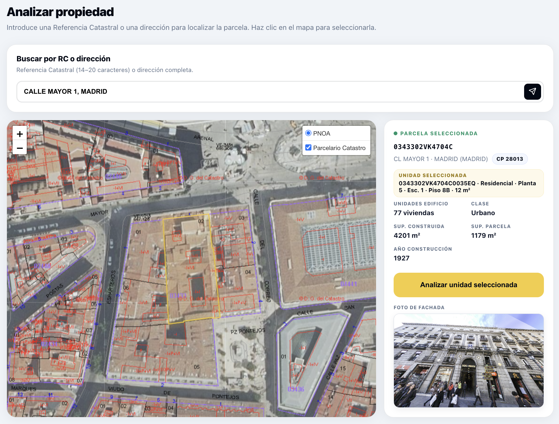 Piso exacto seleccionado en Hogarfax con su referencia catastral completa de 20 caracteres y el botón Analizar unidad seleccionada