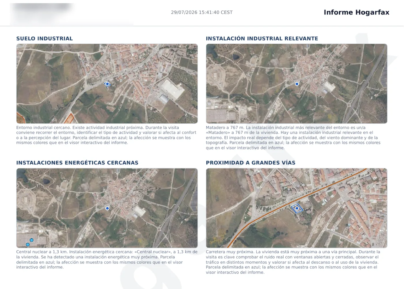 Anexo de entorno y molestias de un informe Hogarfax real: industria cercana, un matadero y una central energética