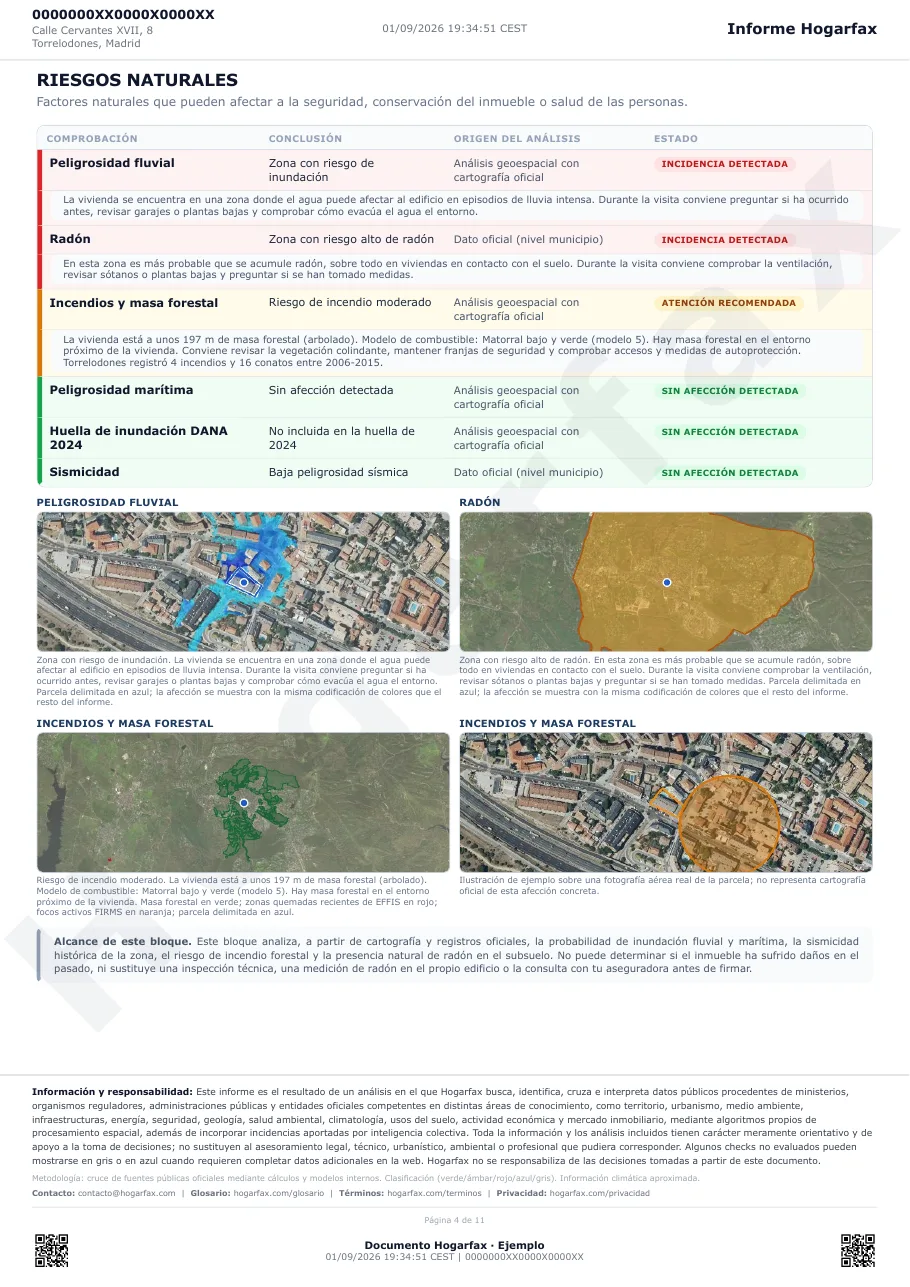 Página de riesgos naturales de un informe Hogarfax real