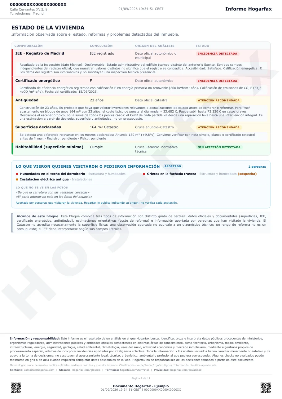 Página de estado de la vivienda de un informe Hogarfax real: IEE, certificado energético, antigüedad y superficies declaradas