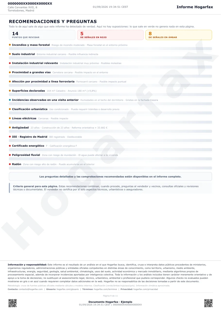 Página de recomendaciones y preguntas de un informe Hogarfax real: cada hallazgo convertido en una acción concreta