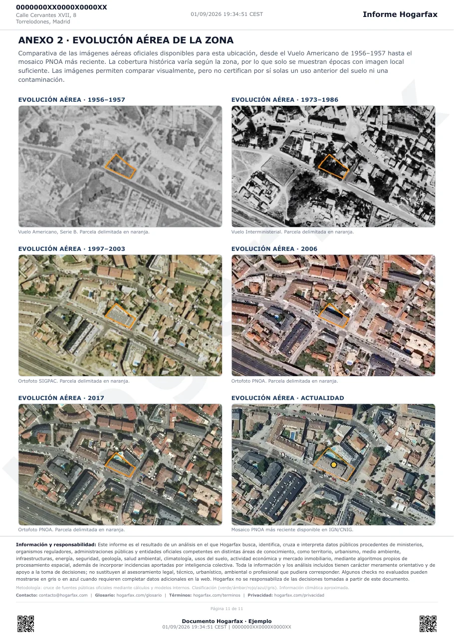 Página completa de evolución aérea histórica de un informe Hogarfax real, con hasta seis imágenes oficiales desde 1956 hasta hoy