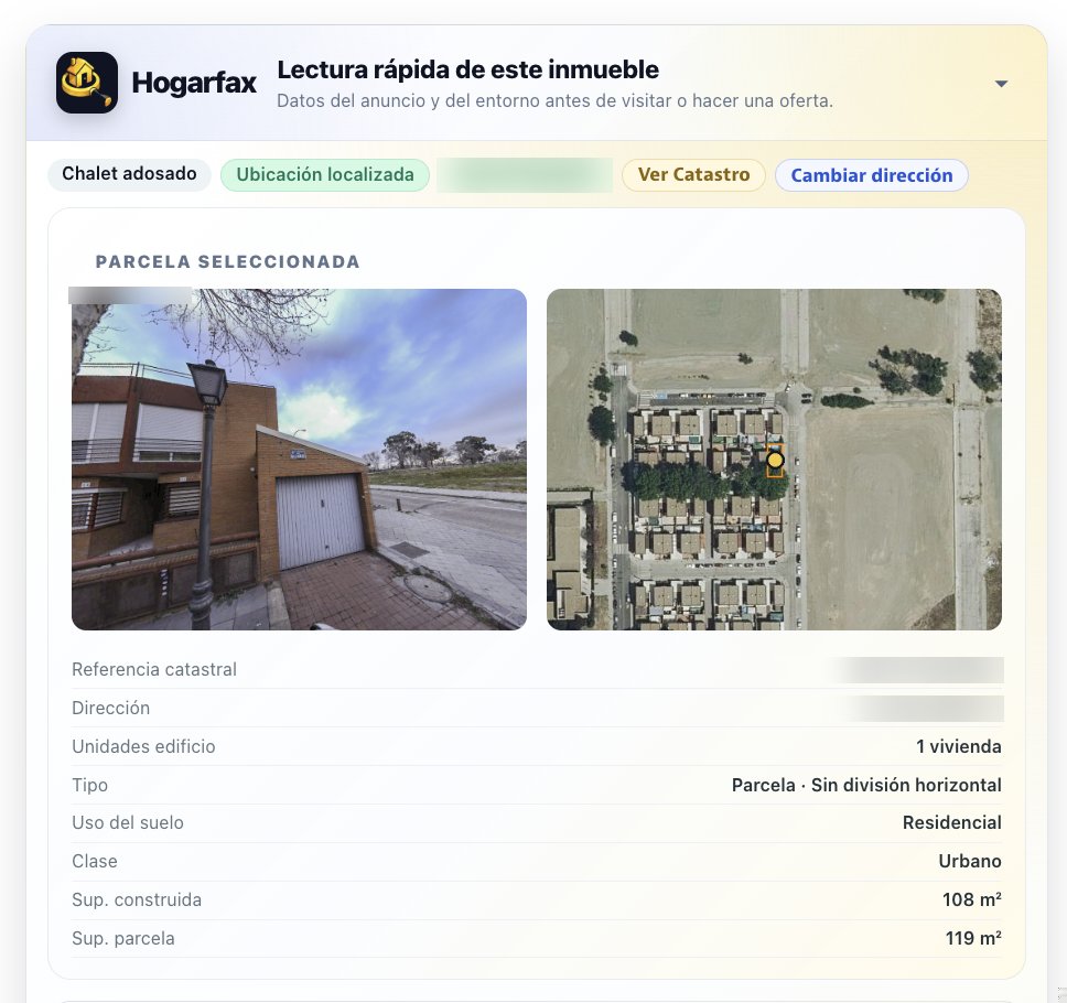 Hogarfax panel inside an Idealista listing with the parcel located: Cadastre facade photo, aerial view and cadastral record